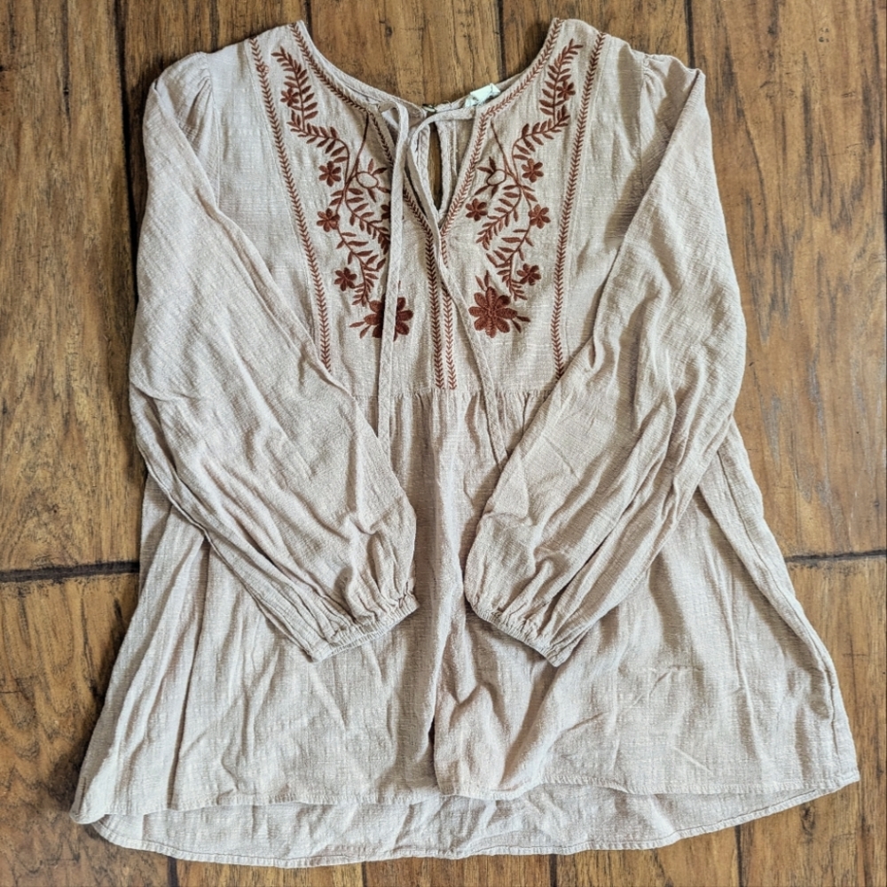 Hem & Thread Beige Peasant Blouse with Rust Embroidery
